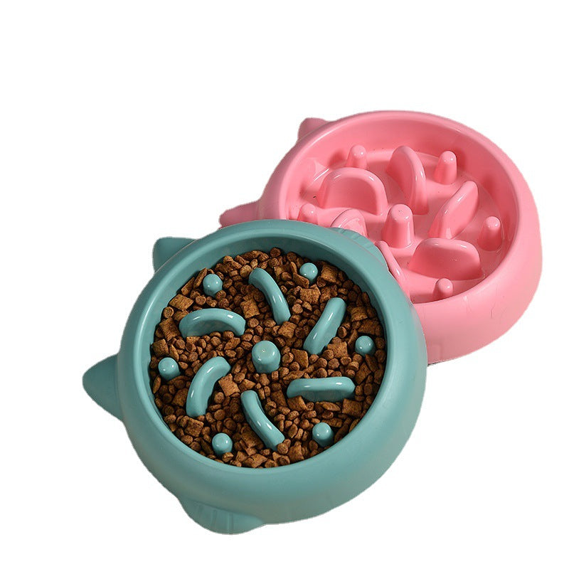 Teal and pink slow feeder bowls filled with pet food