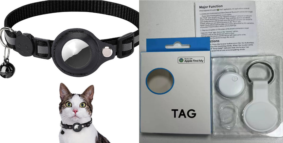 Black AirTag cat collar shown with protective holder packaging