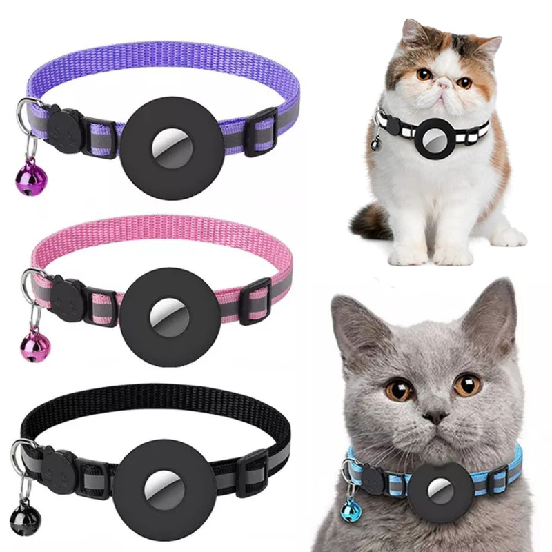 Reflective AirTag cat collars in assorted colours with cats