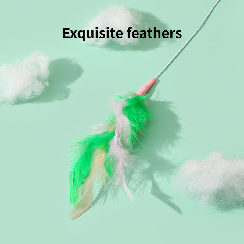 Green and white feather wand cat toy on a light green background