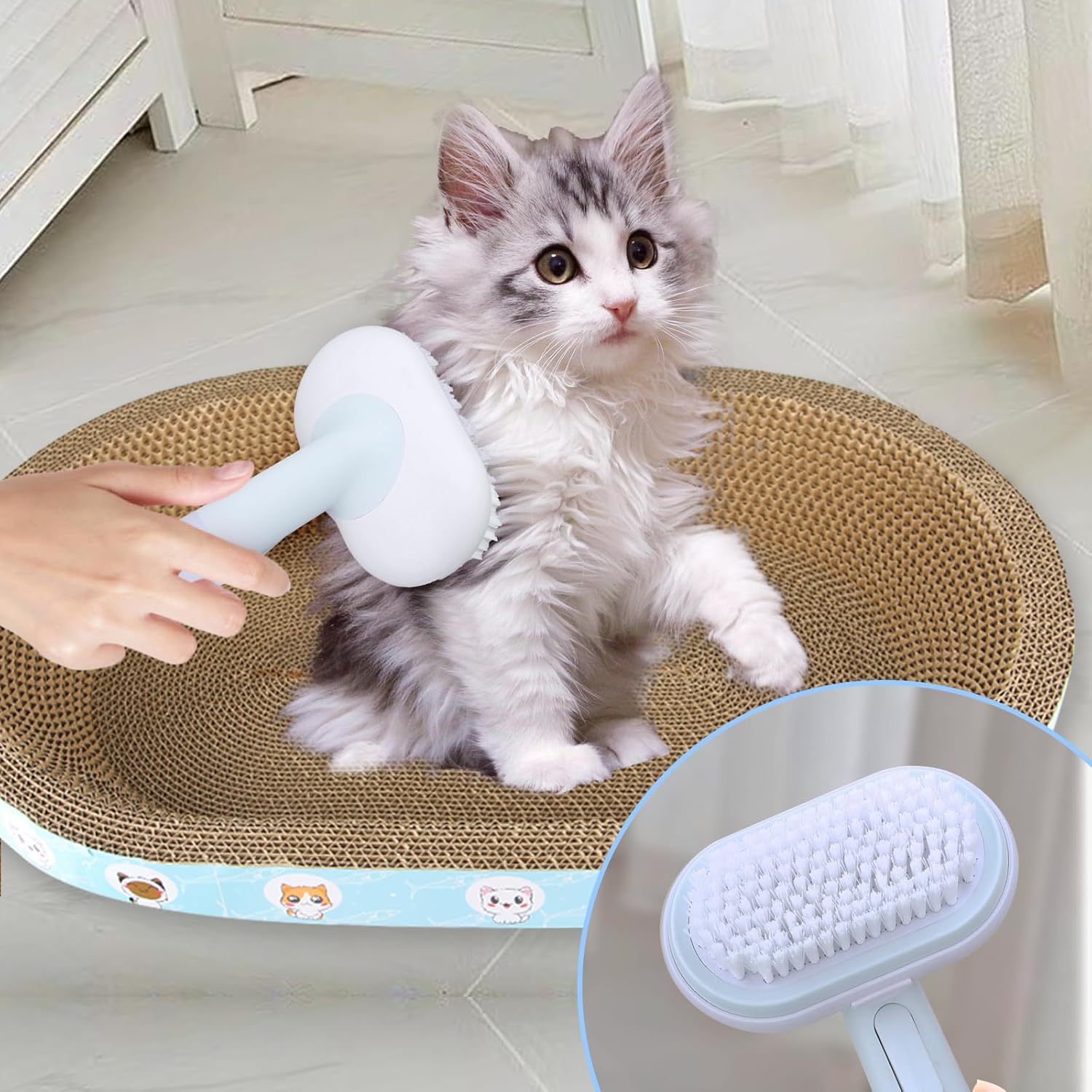 Kitten beside the Fur-Control 5-in-1 pet grooming brush set