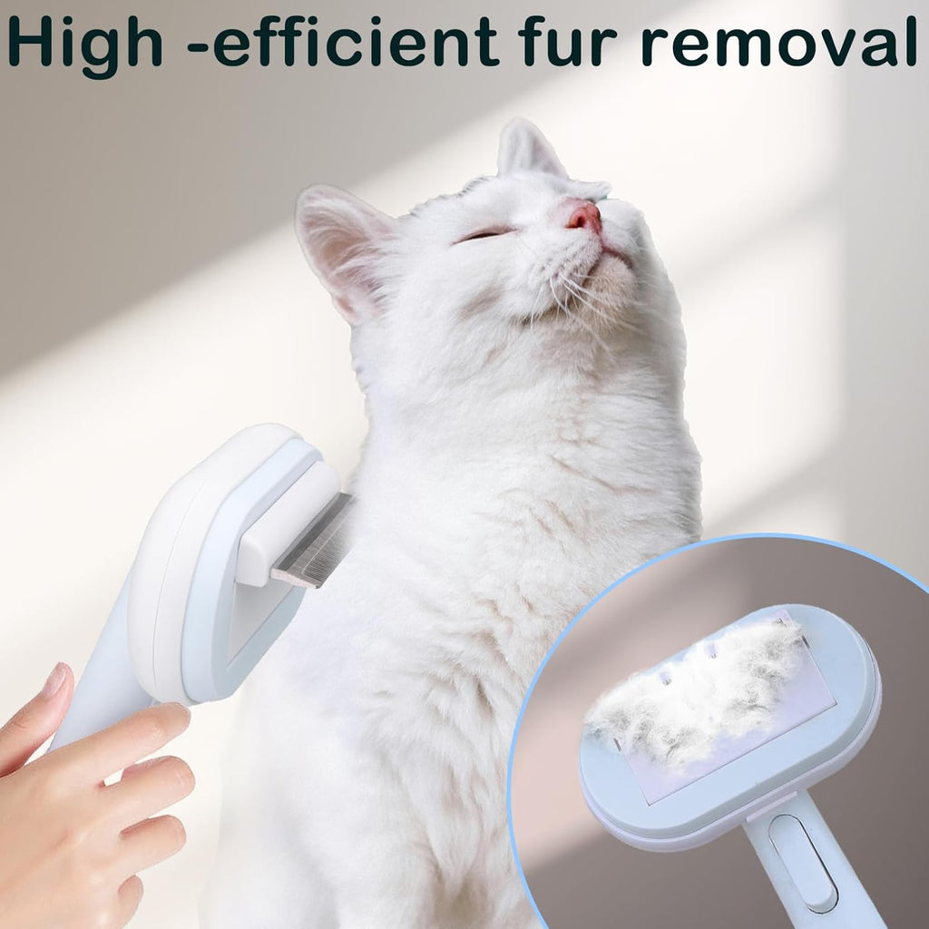 White cat being brushed with the Fur-Control grooming kit