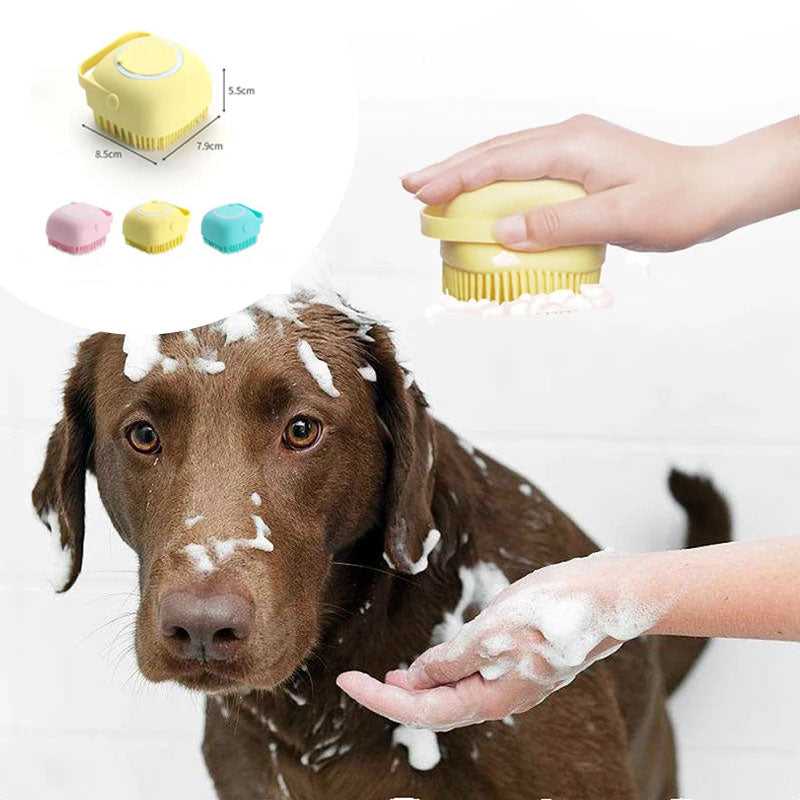 Dog being washed with a silicone shampoo dispensing bath brush
