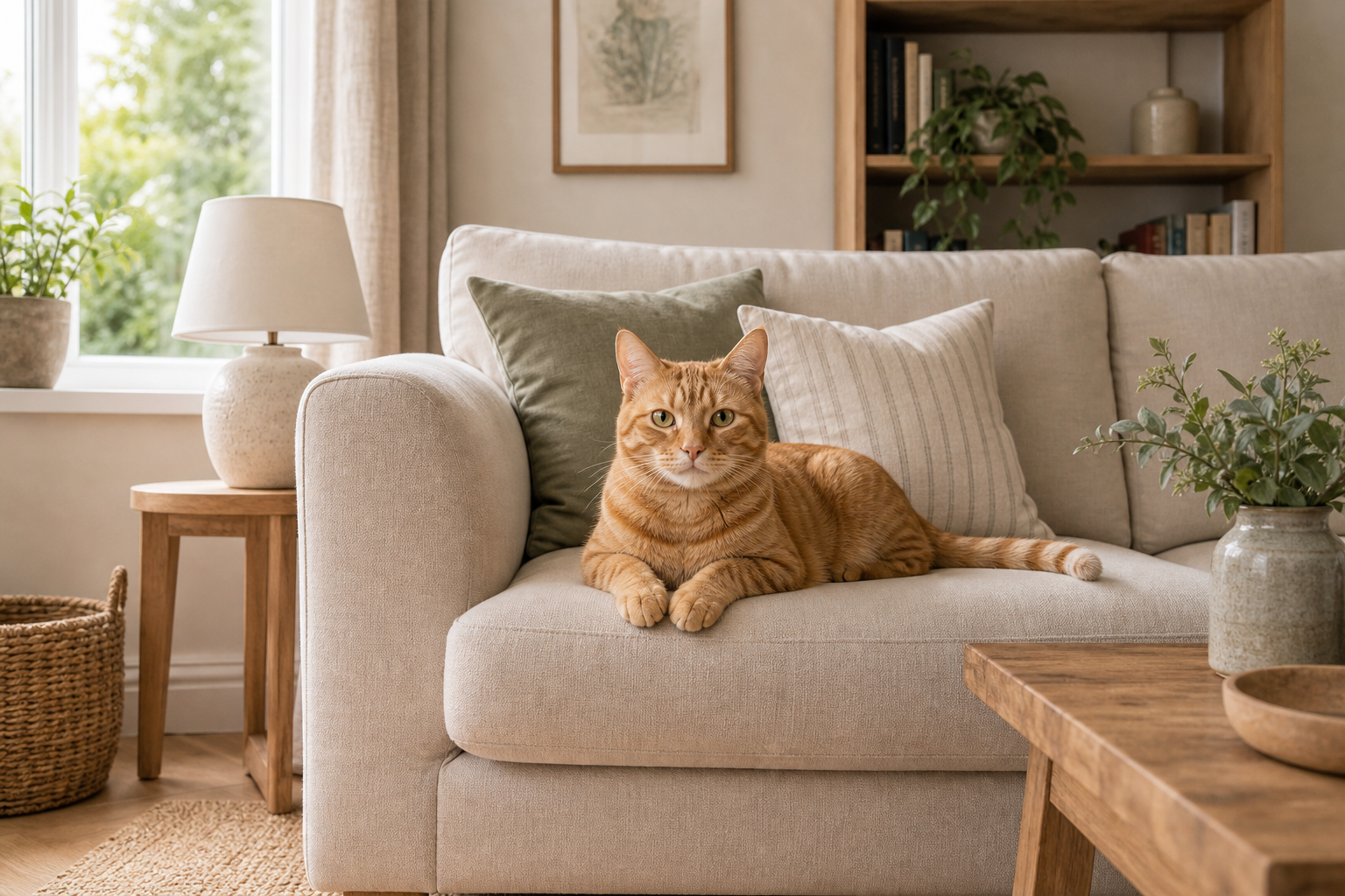 A ginger tabby cat relaxing on a sofa in a bright, calm home